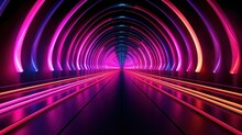 Bridge With Red Magenta And Blue Neon Lights Futuristic Tunnel With Multicolored Neon Lamps Double Lines 3d Rendering Hallway Concept Illustration Background Generative AI