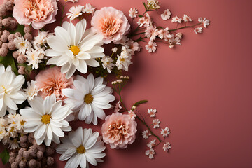 several white and pink flowers - daisies, chrysanthemums, cherry blossom, on a seamless pastel pink 