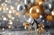 © Vadim Andrushchenko - Bunch of golden and silver gray metallic glitter balloons with bows and confetti on glistering background. Birthday, holiday or party background. Festive greeting card. Created with generative Ai