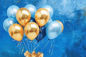 Wall Mural - Holiday background with golden and blue metallic balloons, confetti and ribbons. Festive card for birthday party, anniversary, new year, christmas or other events. Created with generative Ai