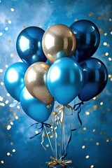 Wall Mural - Holiday background with golden and blue metallic balloons, confetti and ribbons. Festive card for birthday party, anniversary, new year, christmas or other events. Created with generative Ai