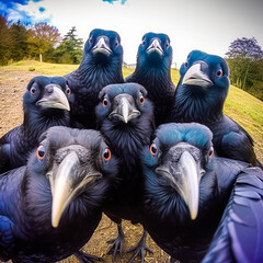 Captivating group of animated crows taking a humorous and fun selfie from above, evoking cheerful emotions for memorable moments. License-worthy! Generative AI