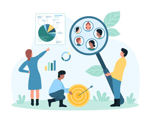 Customer segment analysis for TV market addressable advertising vector illustration. Cartoon tiny people research and divide focus group of potential clients with magnifier, highlight consumers