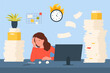 © Flash Vector - Bureaucracy, problem of employees overwork vector illustration. Cartoon scene of office workplace with frustrated tired businesswoman working hard, sitting at desk with paper documents and folders