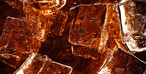 Wall Mural - Cola with Ice. Close up of the ice cubes in cola water. Texture of carbonate drink with bubbles in glass. Cola soda and ice splashing fizzing or floating up to top of surface. Cold drink background.