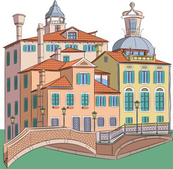 Wall Mural - Color drawing of old multi-colored traditional Venetian houses and a jetty on the bank of a canal.