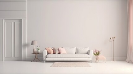 Mockup frame in contemporary Scandinavian living room interior with a gray linen sofa a marble coffee table and accents of muted blue and blush pink ,3d render , empty template 