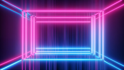 Wall Mural - 3d render, abstract neon background with glowing pink blue vertical lines. Digital ultraviolet wallpaper, AI Generative