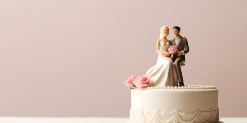 Wall Mural - Close-up of figurine couple on wedding cake on isolated background with copy space