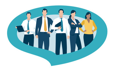 Wall Mural - Marketing team of five people standing in the shape of a speech bubble. Business concept vector illustration.
