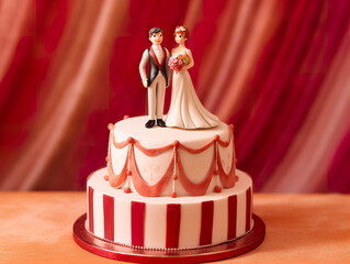 Wall Mural - Close-up of figurine couple on wedding cake with red background