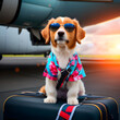 Chien vacancier. Concept chien partant en avion avec ses patrons. Chien heureux.IA générative.