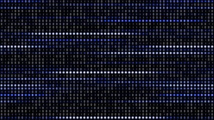 Horizontal lines of rapidly flashing blue LEDs. Digital screen with binary code of alternating zeros and ones. Looped motion graphics.
