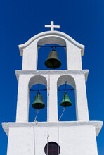 White Orthodox Church Bell Tower In Island Of Aegina Saronic Gulf Greece