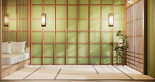 Nihon Room Design Interior With Door Paper And Wall On Tatami Mat Floor Room Japanese Style.
