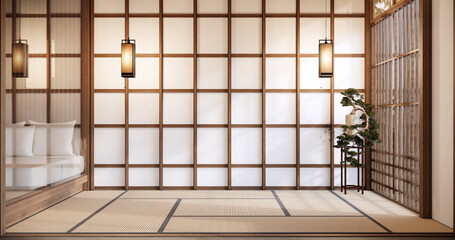 Sticker - Nihon room design interior with door paper and wall on tatami mat floor room japanese style.