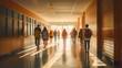 © Dirk - Hallway of a highschool with male and female students walking. View from the back. Education, students.