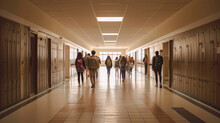 Hallway Of A Highschool With Male And Female Students Walking. Lights Are On. View From The Back. Education, Students.