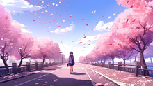 A Lonely Girl Walking Alone On A Long Road Next To Cherry Trees While Wind Is Blowing Leaves, Wallpaper Style, Ai Generated Image
