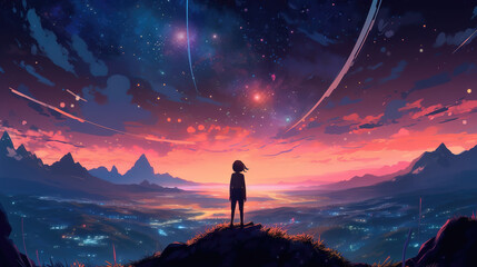 Wall Mural - a brave girl standing on top of a hill and watching the shooting stars, ai generated image