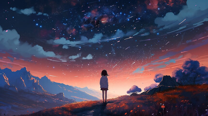 Wall Mural - a young girl is thinking about life on top of a hill and watching the sunset, ai generated image