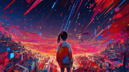 Wall Mural - an impressive abstract distort dimension city anime illustration of a girl standing at the top of a town, ai generated image