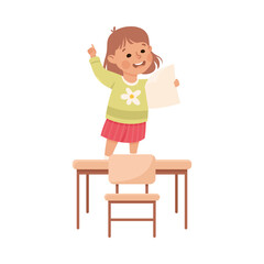 Wall Mural - Cute Girl Pupil in Classroom Standing and Reading Have Lesson Vector Illustration