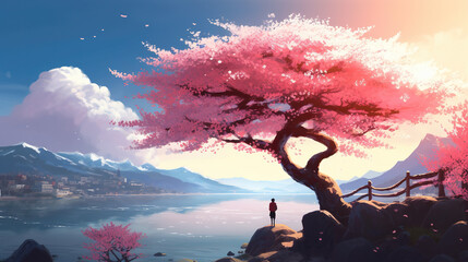 Wall Mural - a lonely person standing under a giant cherry tree, asian landscape anime style, ai generated image