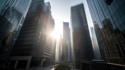 Urban Skyline with Glowing Skyscrapers and Reflective Office Buildings in a Metropolis