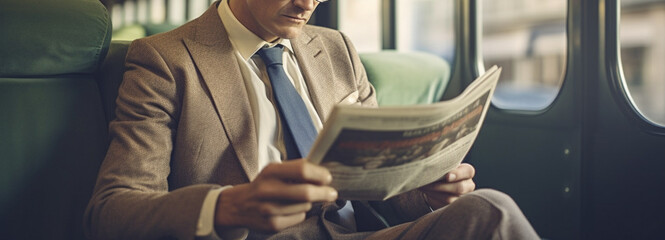 businessman in sunglasses reading newspaper in train, travel and communication concept.generative ai