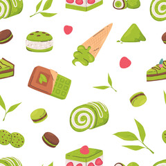 Green matcha and chocolate sweet desserts. Cakes, macarons, cookies and berries. Leaves and food, cafe, bakery vector seamless pattern