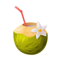 Poster - Exotic Green Coconut Cocktail with Straw Vector Illustration