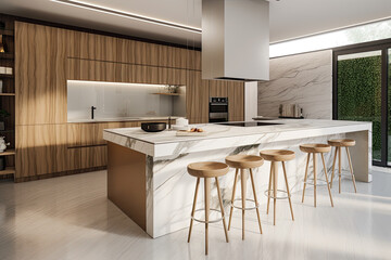 large luxurious kitchen with an island and stools