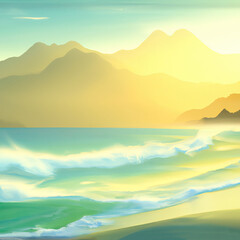 Wall Mural - beautiful beach with waves at sunset golden hour light digital art