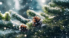 Christmas And New Year Background With Fir Branches, Pine Cones And Snow.generative Ai