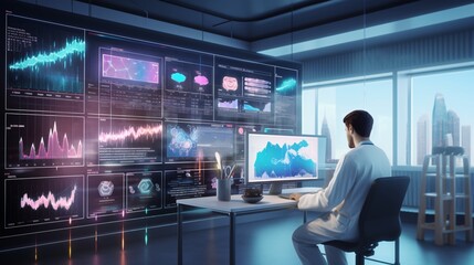 Analyst or researcher working with AI algorithms to process and analyze large healthcare datasets to improve patient outcomes and healthcare decision-making