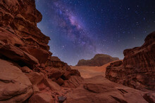 Majestic View Of The Wadi Rum Desert, Jordan, The Valley Of The Moon. Orange Sand, Milky Way Sky.