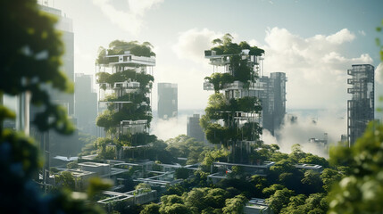 Wall Mural - Futuristic city. Utopia in daylight. Modern skyscrapers with plant elements.