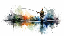 Fisherman On A White Background Watercolor Drawing Poster. Generative AI