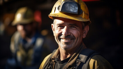 Smiling coal miner in yellow mining hat