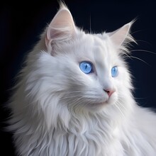 Close Up Portrait Of Fluffy White Cat With Blue Eyes Over Black Background, AI Generated Image