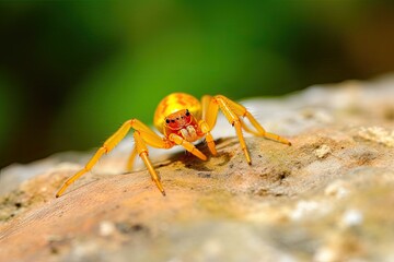 yellow spider on a rock in extreme close-up