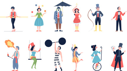 Circus artist flat characters. Acrobat and clown, magic carnival performer. Juggler, meme on street theater festival, recent vector actors set