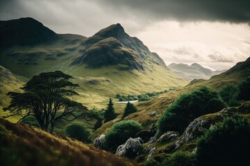 Poster - mountain range with trees in foreground. Generative AI