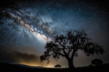 Poster - majestic tree standing under a starry night sky. Generative AI