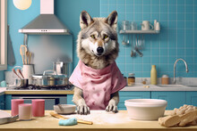 Abstract, Creative, Illustrated, Portrait Of A Wild Wolf In A Modern Kitchen Dressed Up In A Cooking Suit Preparing Food. Generative AI.