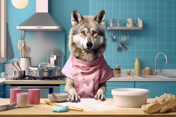 Abstract, creative, illustrated, portrait of a wild wolf in a modern kitchen dressed up in a cooking suit preparing food. Generative AI.