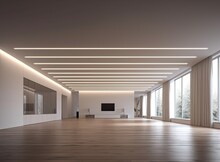 Suspended Ceiling With Halogen Spots Lamps And Drywall Construction In Empty Room In Apartment Or House. Stretch Ceiling White And Complex Shape. Created With Generative AI Technology.