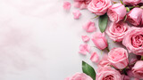 Decorative web banner. Close up of blooming pink roses flowers and petals isolated on white table background. Floral frame composition. Empty space, flat lay. Generative AI