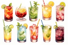 Watercolor Illustration Of Drinks And Cocktails Collection On White Background